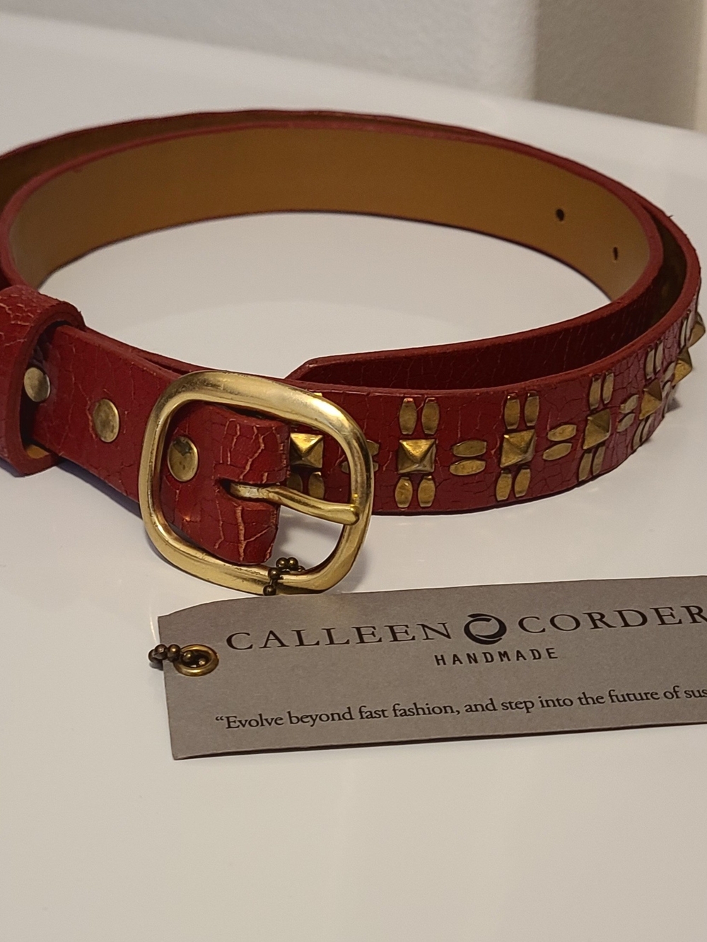 Calleen Cordero Red Leather Belt with Gold Stud Detailing